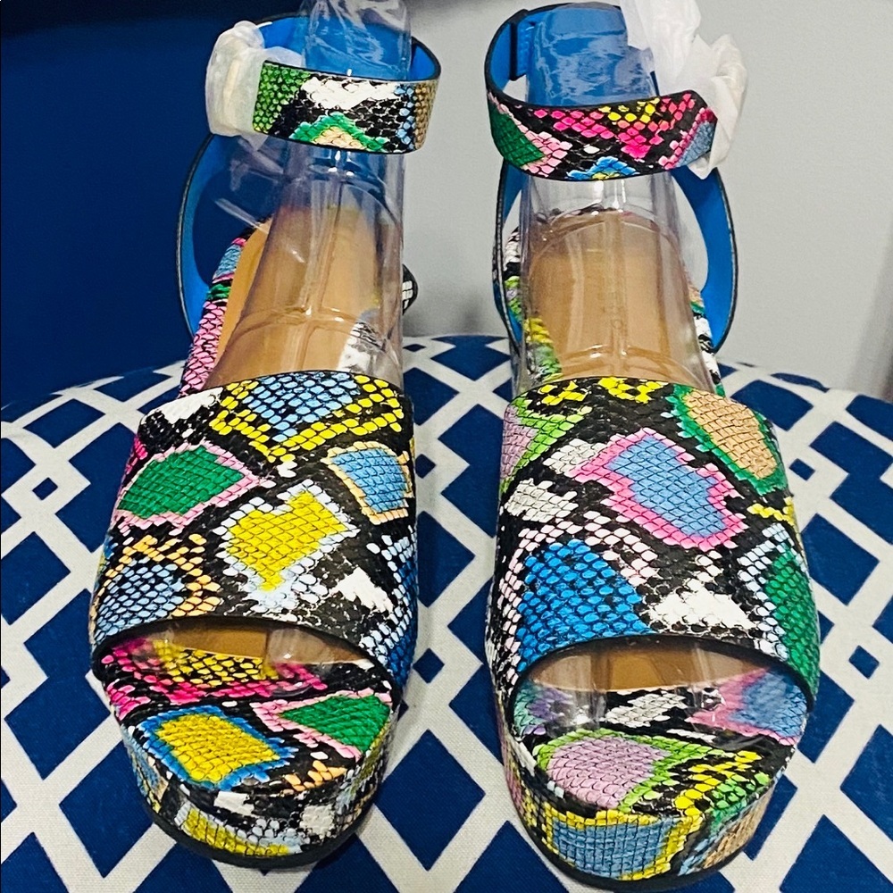 Multi color blue yellow pink white black snake ankle platform bamboo wedges - Picture 7 of 7